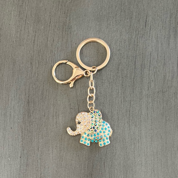 Elephant Navy Blue Turquoise Allover Rhinestone Gold 4" Keychain Bag Purse Charm - Picture 1 of 4